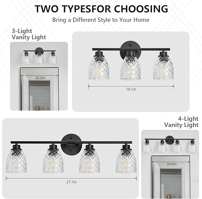 4-Light Bathroom Light Fixtures, Modern Black Vanity Light Over Mirror, Wall Sconce with Clear Hammered Glass Shades, E26 Base (Bulbs Not Included)