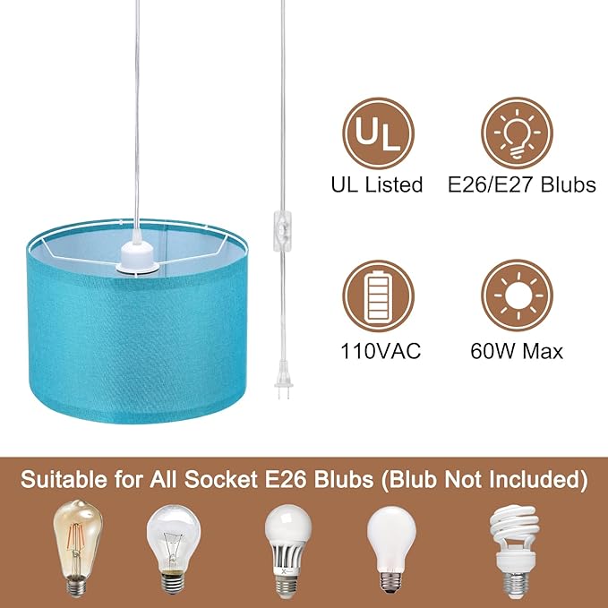 PATIKIL Plug in Pendant Light, 2 Pack 15Ft Rope Cord Hanging Lamp Fixture with ON/Off Switch, Linen Fabric Shade E26/E27 Bulb Socket for Bedroom Kitchen Living Room, Dark Blue