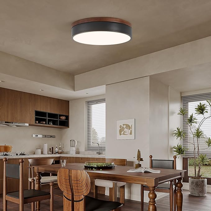 Led Flush Mount Ceiling Light: 11.8" Modern Dimmable Black Walnut Wood Low Profile Farmhouse Close to Ceiling Light Fixture - Round Minimalist Simple Flat Overhead Lighting for Bedroom Laundry Kitchen