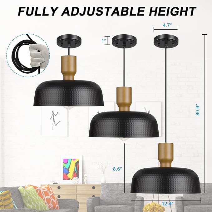 Darkaway Industrial Pendant Light Fixtures Ceiling Hanging with Hammered Metal Shade, Black Pendant Light for Kitchen Island Lighting Hanging Lamp Adjustable Height, Medium 2 Pack