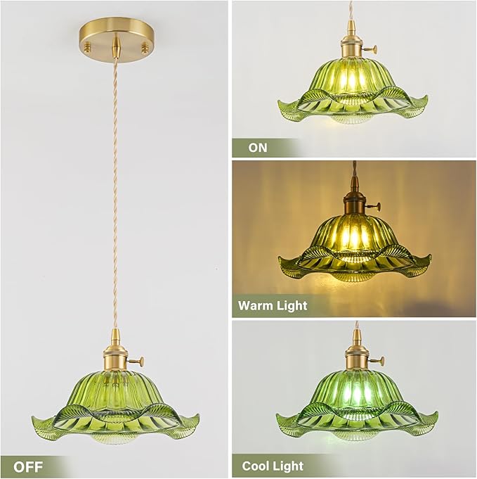 Vintage Pendant Lights Kitchen Island 2 Pack, Adjustable Pendant Light Fixtures with Green Lily Glass Lampshade, Gold Kitchen Pendant Lighting Over Island, Pendant Light for Dining Room Hallway