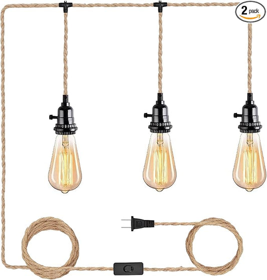 3 Light Hemp Rope Plug in Pendant Light Rattan Hanging Lights with Plug in Cord with Woven Lamp Shade, Plug in Cord Hemp Rope Hanging Lamp