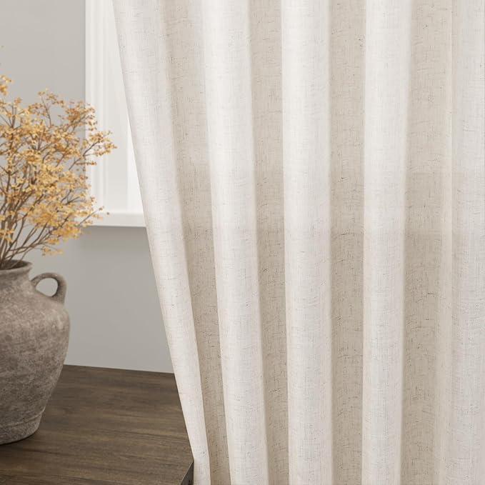 Beige Linen Curtains 84 Inch Length 2 Panels Back Tab Rod Pocket Semi Sheer Bedroom Curtains Light Filtering Country Closet Curtain Drapes Netural Farmhouse Window Panels for Living Dining Room 42x84