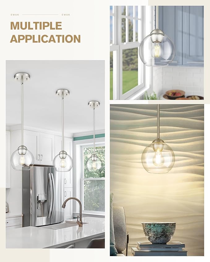 Emak 2 Pack Brushed Nickel Pendant Light Fixtures, 7 Inch Globe Pendant Lights with Clear Glass Shade, 1-Light Hanging Lights for Kitchen Island, Bathroom, Dining Room, PL119-BN-2PK