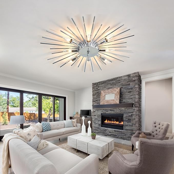 ZGLAOJT Semi Flush Mount 8 Light Ceiling Light Modern Metal Ceiling Lighting Chrome Light Fixture Chandelier for Farmhouse Kitchen Dining Room Bedroom Hallway Living Room