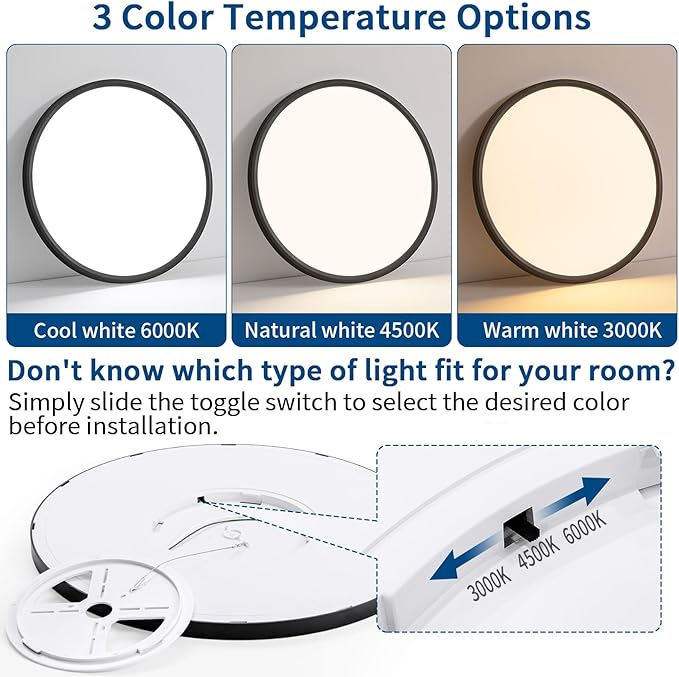 24 Inch Flush Mount Ceiling Light, Dimmable 3000K/4500K/6000K Selectable, 48W 4800LM, Modern, Ultra Thin, Black, for Bedroom, Kitchen, Dining Room, Living Room, Home Office, Hallway