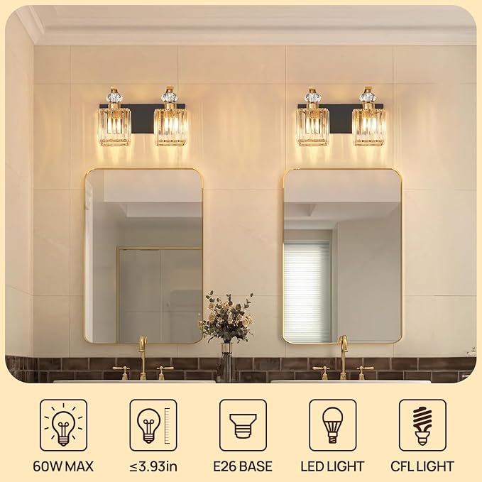 Modern Bathroom Vanity Light, 2-Light Black Gold Bathroom Lighting Fixtures Over Mirror, 12.6" Crystal Wall Light Sconce for Bathroom/Bedroom/Vanity, Includes LED Bulbs, Easy Installation