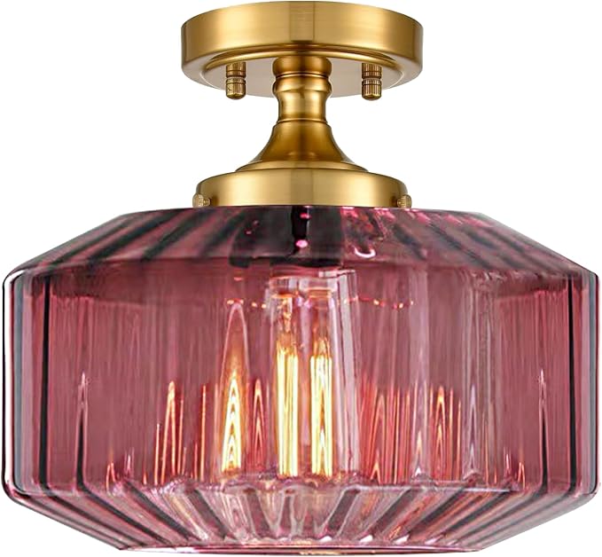 Flush Mount Ceiling Light Fixtures，1-Light Gold Light Fixture with Seeded Purple Glass Shade, 11.02 Inch Industrial Ceiling Lamp for Hallway Foyer Porch