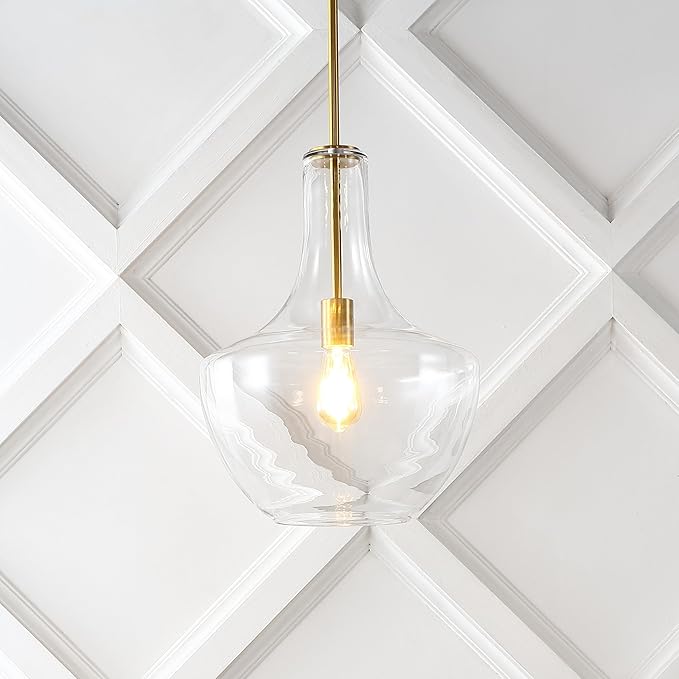 JONATHAN Y 13.25" Brass Gold/Clear Mid-Century Modern 1-Light LED Pendant Light Fixture, Adjustable Schoolhouse Hanging Lamp for Kitchen Island, Clear Glass Shade, LED Bulb Included (JYL6401C)
