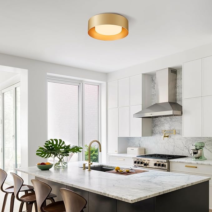 Glass Gold Flush Mount Ceiling Lights, Modern Round Ceiling Lighting, Minimalist Drum Close to Ceiling Light Fixtures for Bedroom, Dining Room, Bathroom, Hallways, Laundry Room