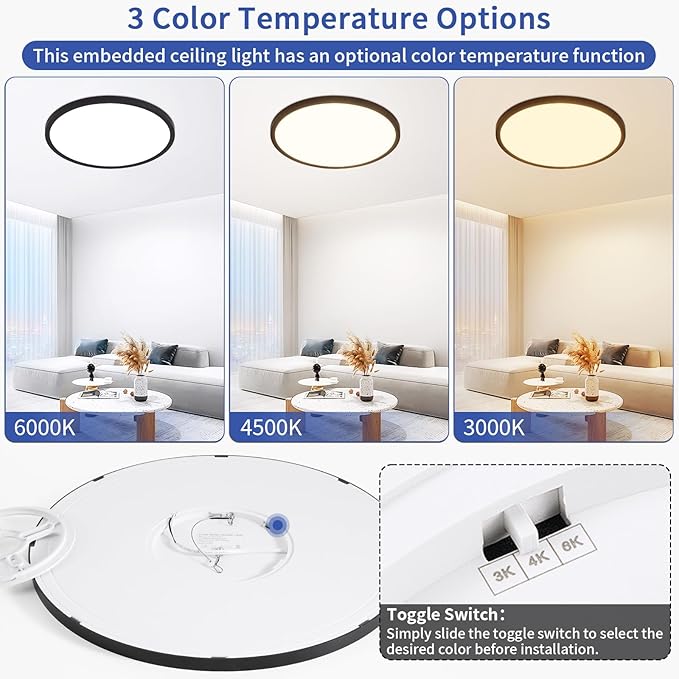 16 inch LED Flush Mount Ceiling Light, 32W 3200lm Dimmable Ceiling Light Fixtures, 3000K/4000K/6500K Selectable, Ultra Thin Round Lamp for Bedroom Kitchen Living Room Dining Room, Black