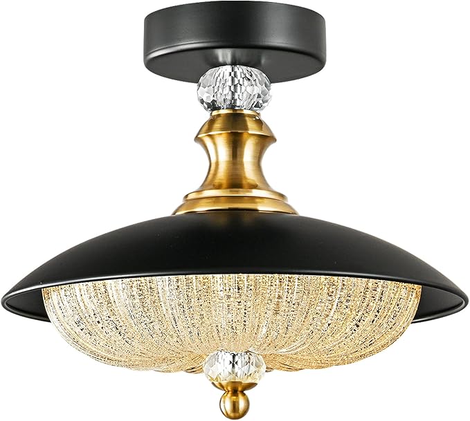 Vintage Semi Flush Mount Ceiling Light 12inch Mid Century Crystal Glass Black Gold Circle Ceiling Light Fixture,5-Light Design, for Bedroom Kitchen Dining Room Hallway Entryway Cloak Room
