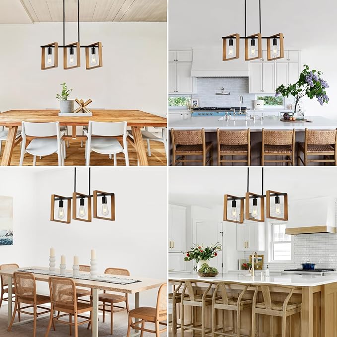 9MMML 3 Lights Kitchen Island Lighting, Black 3 Lights Dining Room Chandelier,Wood Frame Pendant Light for Living Room Foyer Entryway Hallway,E26