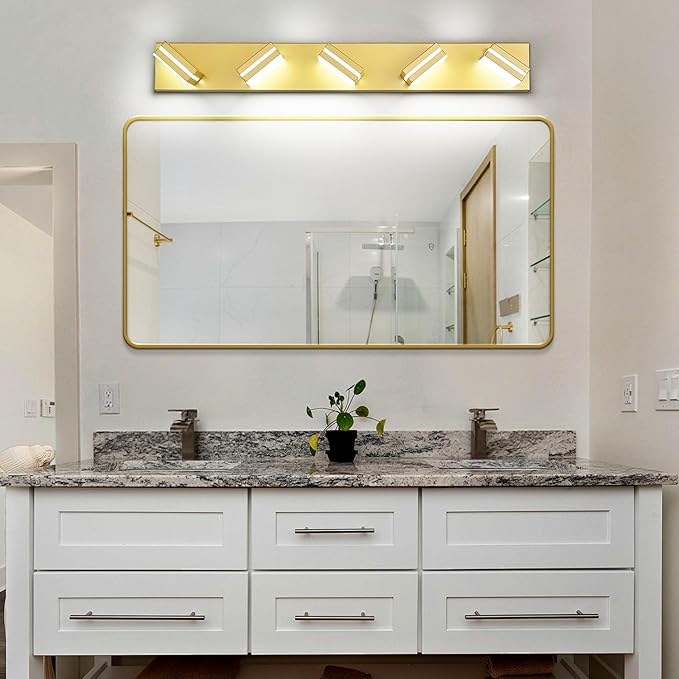 Modern LED Bathroom Lights Fixtures 5-Light,Metal Gold Acrylic Wall Lighting,Vanity Lights for Bathroom Over Mirror 6000k 34in