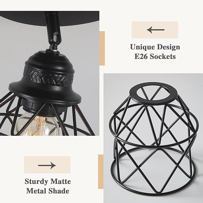 4-Lights Kitchen Light Fixtures Ceiling Mount, Adjustable Multi-Directional Black Flush Mount Ceiling Light Fixture, Vintage Metal Cage Farmhouse Lamp for Hallway, Dining Room, Farmhouse, Entryway