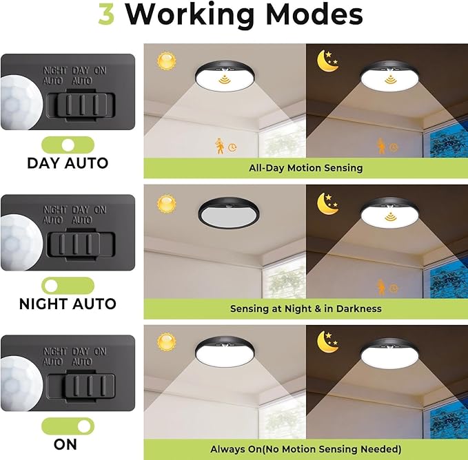 hepside 2 Pack Motion Sensor Ceiling Light Wired, 3000K/4000K/6500K LED Flush Mount Ceiling Light Fixture, 7Inch 15W Motion Sensor Light with Timer for Closet Stair Porch Hallway Pantry,Black