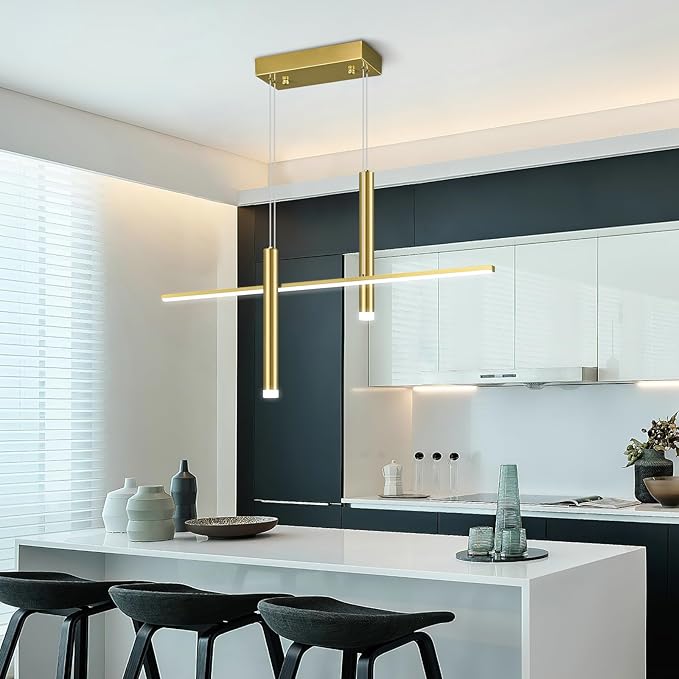 Modern LED Linear Pendant Light with Dual Spotlights Dimmable 6000K Pendant Lights Kitchen Island Gold Chandeliers for Dining Room Table Living Room Bedroom Gold(L31.5in)