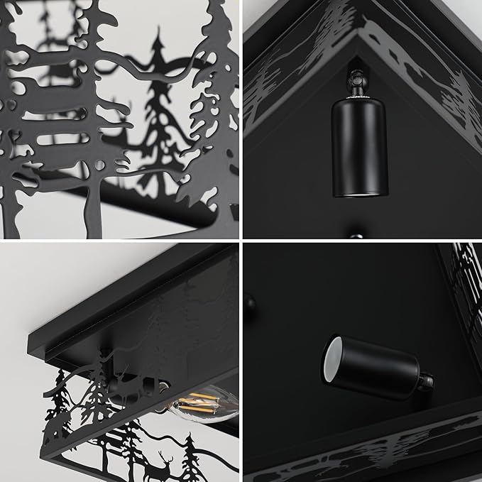 2 Pack Rustic Industrial Flush Mount Ceiling Light, 11" Black Metal Cabin Design E12 Square Ceiling Light Fixture, for Kitchen, Foyer, Bedroom Farmhouse Lighting (Bulbs Not Included)