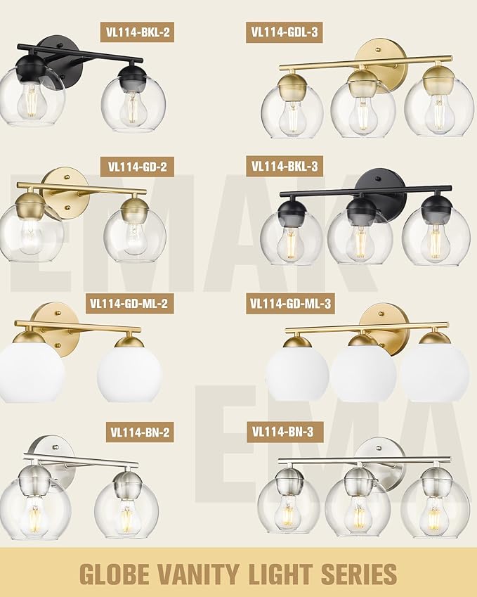 Emak Brushed Nickel Vanity Lights, 2-Light Bathroom Light Fixtures with Clear Glass Shade, Modern Globe Vanity Light for Bathroom, VL114-BN-2