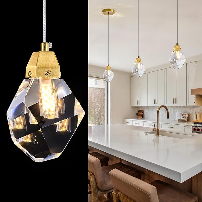 Diamond Crystal Pendant Light, 1-Light Mini Hanging Ceiling Light in Gold Brushed Brass Finish with Prism Crystal and Color Changing LED for Kitchen Island, Dining Room, Bedroom, Hallway, Bar