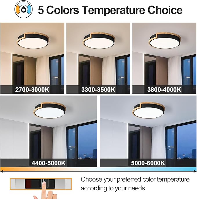 Modern Dimmable LED Flush Mount Ceiling Light Fixture,Round Close to Ceiling Lighting,Matte Black with Wood Accent,Minimalist Kitchen Light Fixtures for Bedroom,Entryway,Living Room,15.75in