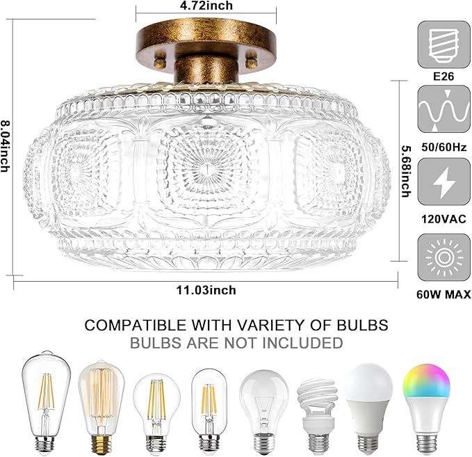 Semi Flush Mount Ceiling Light, Upgraded Larger Antique Bronze Glass Ceiling Light Fixture, Vintage Lighting for Hallway Kitchen Bedroom Dining Room, Bulb Not Included