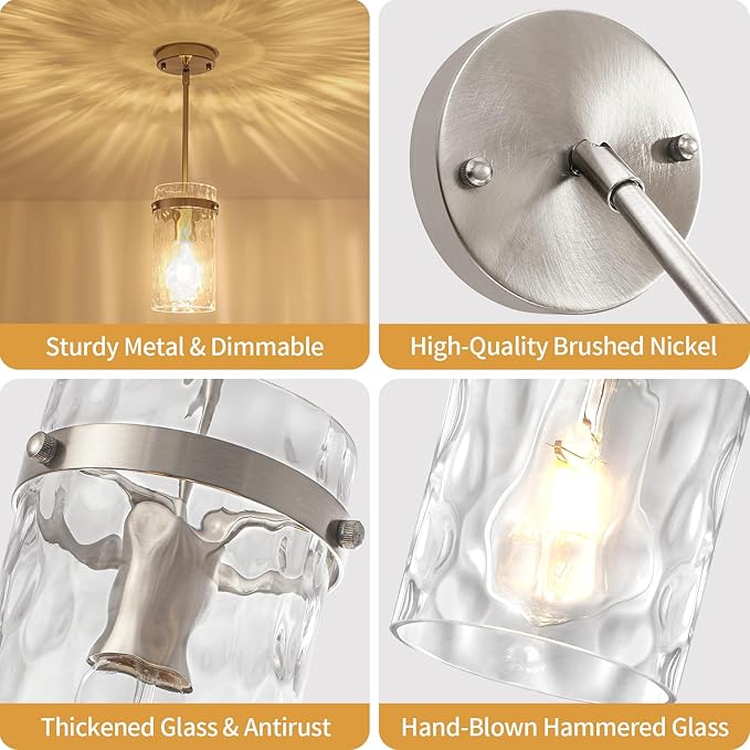 Brushed Nickel Pendant Lights Kitchen Island, Modern Hand-Blown Glass Kitchen Hanging Lights Fixture Over Island Adjustable Mini Pendan Lighting for Hallway Entryway Bathroom Foyer Dining Room