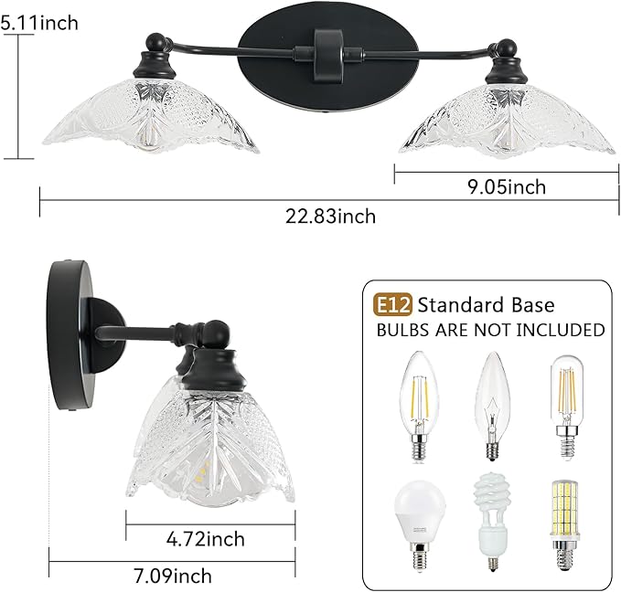 22.83-inch Black Bathroom Mirror Light Fixture， 2-Light E12 Sockets ，Vanity Lights ，Modern Minimalist Makeup Mirror Light Bathroom Vanity Light Fixtures(Bulb not Included)