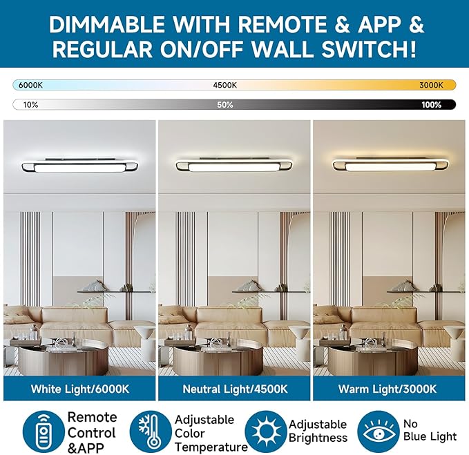 ORANOOR Modern LED Ceiling Lighting with Remote, 70W Dimmable Black Linear Flush Mount Light Fixture, 39.4'' Low Profile Lights Fixture Long LED Ceiling Lamp for Kitchen Bedroom Living Room Hallway