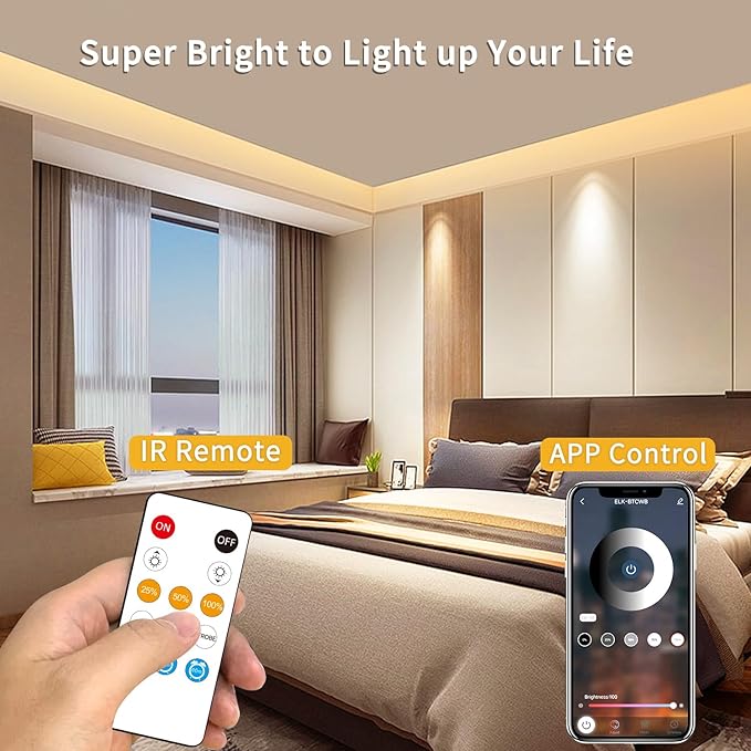 100FT COB LED Strip Lights 3000K Warm White Dimmable DC 24V Flexible LED Tape Light for Bedroom, with Remote and app Control LED Light Strip,for DIY Home Decoration(2 Rolls of 50ft)