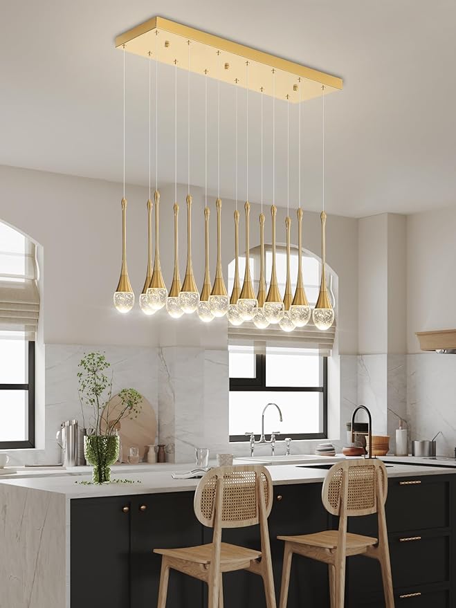 ykolupty 14-Light Modern LED Pendant Lighting Fixture for Kitchen Island Raindrop Crystal Chandelier Gold Chandelier for Dining Room High Ceiling Chandeliers for Staircase Foyer Hallway Villa