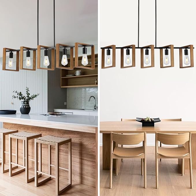 9MMML 41.5" Kitchen Island Lighting,5 Lights Dining Room Light Fixtures, Rustic Farmhouse Height Adjustable Wood Chandeliers for Kitchen, Pool Table Lights, Black Body+Wood Frame,E26.