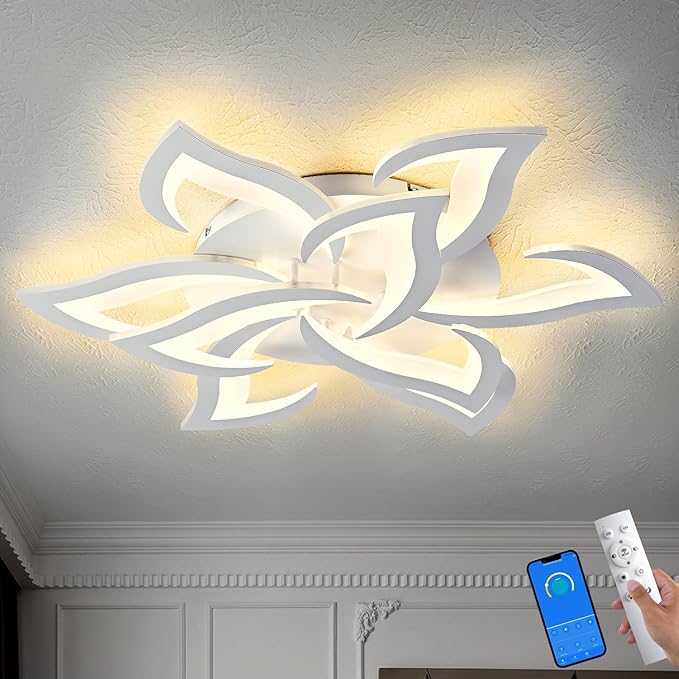 Modern Ceiling Light with APP & Remote Control, Dimmable LED Flush Mount Chandelier with 3-Color Temperatures, White Acrylic Flower Ceiling Light Fixture for Living Room Dining Room Bedroom Kitchen