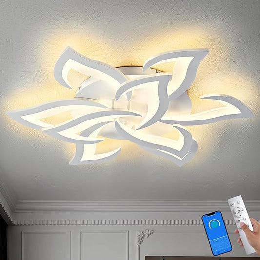 Modern Ceiling Light with APP & Remote Control, Dimmable LED Flush Mount Chandelier with 3-Color Temperatures, White Acrylic Flower Ceiling Light Fixture for Living Room Dining Room Bedroom Kitchen