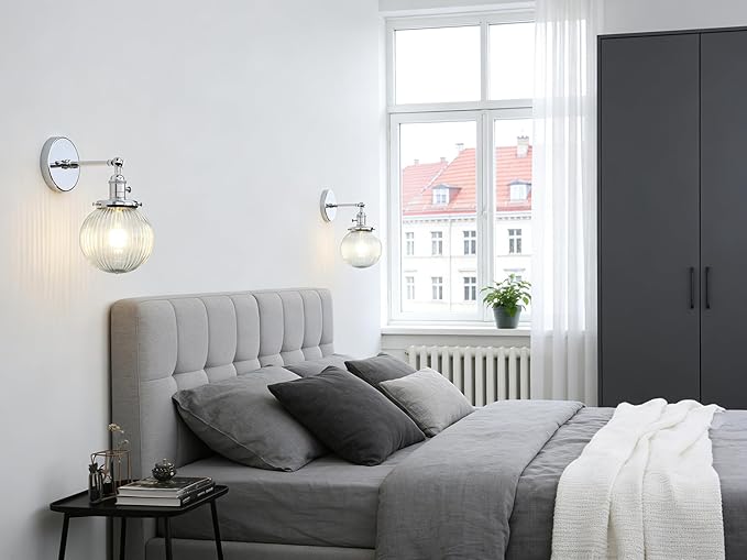PERMO Sconce with Switch Industrial Gold Wall Sconce Lighting with Ribbed Globe Lampshade (Chrome, 1 Light-Hardwired)