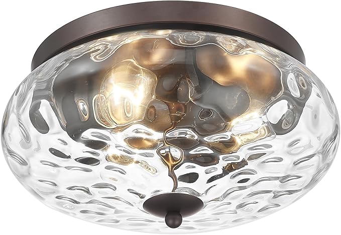 Darkaway Large Ceiling Light Fixtures, 3-Light Flush Mount Ceiling Light with Water Ripple Glass Shade for Indoor Outdoor Hallway Kitchen Bedroom Porch Living Room Oil-Rubbed Bronze Finish