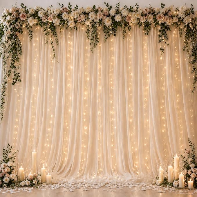 Ledido 2 Pack 10×10ft Champagne Tulle Backdrop Curtain with Light String - 600LED Fairy Light Sheer Curtain Backdrop for Wedding Baby Shower Photo Shoot Birthday Party Decor(4 Panels 5×10ft)，Champagne