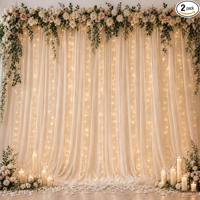 Ledido 10×10ft Champagne Tulle Backdrop Curtain with Light String - 300LED Fairy Light Sheer Curtain Backdrop for Wedding Baby Shower Photo Shoot Birthday Party Decor(2 Panels 5×10ft)，Champagne