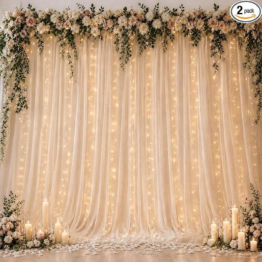 Ledido 10×8ft Champagne Tulle Backdrop Curtain with Lights String - 300LED Fairy Light Sheer Curtain Backdrop for Wedding Baby Shower Photo Shoot Birthday Party Decor(2 Panels 5×8ft)，Champagne