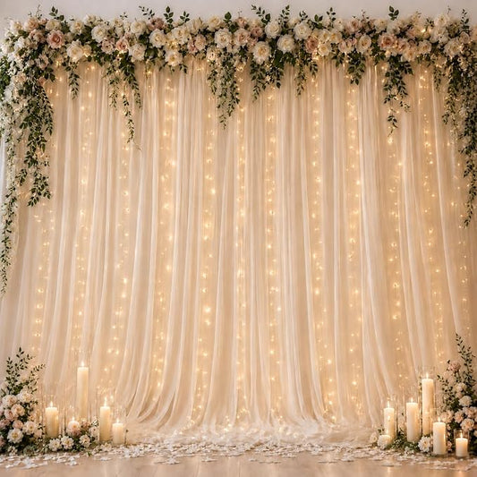 Ledido 2 Pack 10×8ft Champagne Tulle Backdrop Curtain with Lights String - 600LED Fairy Light Sheer Curtain Backdrop for Wedding Baby Shower Photo Shoot Birthday Party Decor(4 Panels 5×8ft)，Champagne