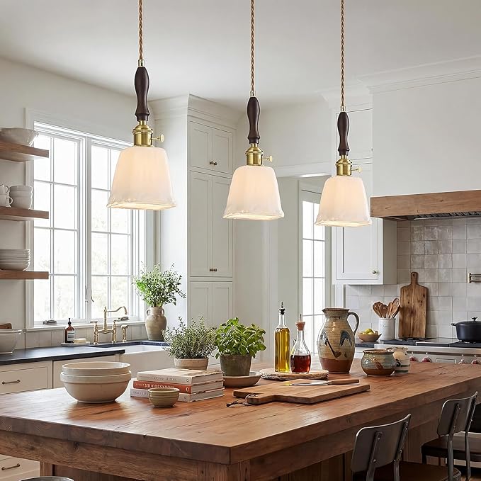 Mini Pendant Light Milky White Glass Pendant Lights Vintage Brass Pendant Lighting Kitchen Island Hanging Lamp with Wood Handle for Bedroom Dining Room (2 Pack)