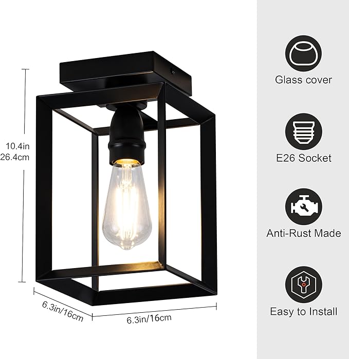 Mayful Flush Mount Ceiling Light Fixture,Black Hallway Light Fixtures Ceiling,Farmhouse Black Metal Frame Light Fixture for Kitchen Island Entryway Porch Foyer Dining Room