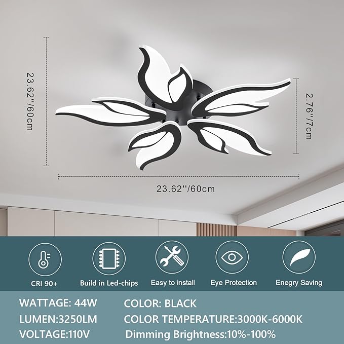 Modern Ceiling Light Fixture, 3000K-6000K Dimmable Flush Mount Ceiling Light, 45W Acrylic Black LED Ceiling Lights for Living Room, Bedroom, Dining Room,23.6In