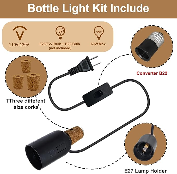 2 PCS Bottle Lamp Kit, DIY Wine Bottle Lamp for Liquor Bottle, Lamp Kits Do it Yourself Lamp Fittings Kit for Table Lamp Includes 3 Sizes of Stoppers and 2 E27 to B22 Adapter Converter