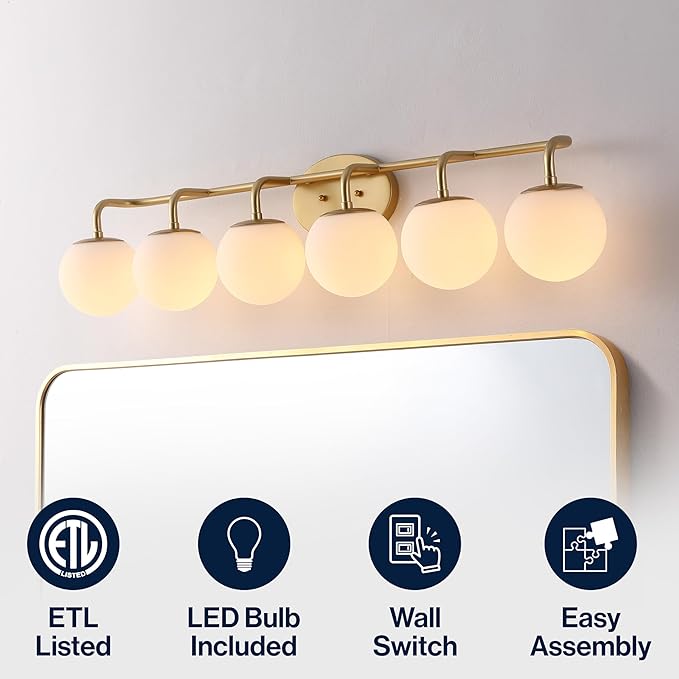 JONATHAN Y 40" Gold Painting Modern Globe Wall Sconce Vanity Light for Bathroom, White Frosted Glass Shade, Midcentury Parisian Bistro Wall Lamp, LED Bulb Included (JYL3560A)