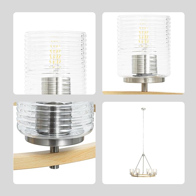 28.5" Wagon Wheel Chandelier, 6-Light Kitchen Chandelier with Wood Finish & Brushed Nickel, Modern Farmhouse Hanging Light Fixture for Dining Room, E26 Base, Bulb Not Included