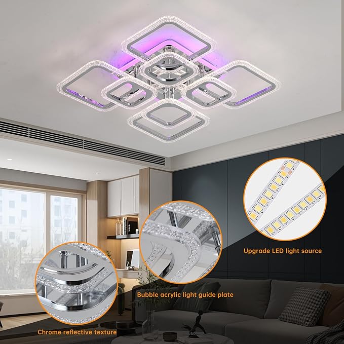Modern Ceiling Light,Dimmable Living Room Lights Ceiling,8 Squares LED Kitchen Ceiling Light Fixture for Laundry Room,Hallway,3000-6000K,Chrome