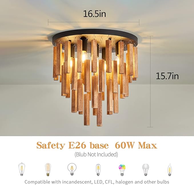 5-Light Semi Flush Mount Ceiling Light Fixture Rustic Wood Chandelier Retro Ceiling lamp Oak and Black with E26 for Farmhouse Kitchen Living Room Entryway Bedroom Dining Room Bathroom.