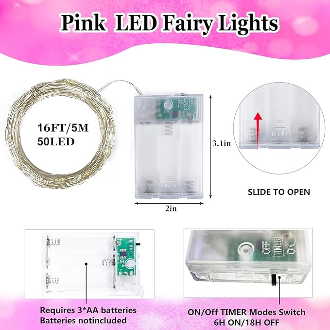 4-Pack 50 LED Pink Fairy Lights Battery Operated with Timer, 16FT Starry String Lights Outdoor Indoor, Valentiens Lights Waterproof for Valentine's Day Bedroom Wedding Birthday Christmas Party Decor