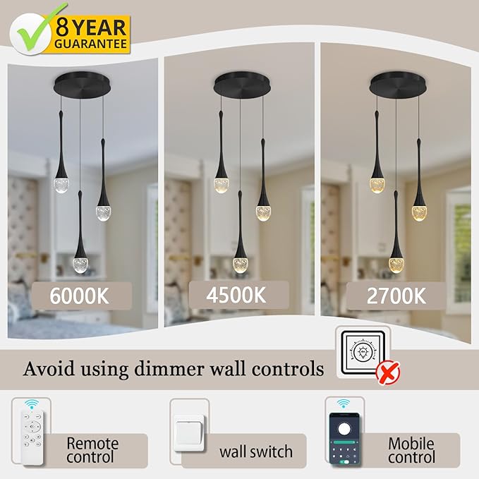 ykolupty Pendant Lights Kitchen Island 3-Lights Pendant Chandelier for Dining Room Hallway Stairwell,LED Dimmable 2700K-6000K